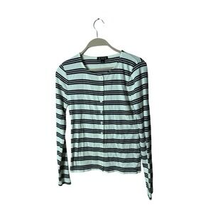 J.Crew Fine Rib Knit‎ Cardigan Womens M White Blue Stripe Button Front Slim Fit